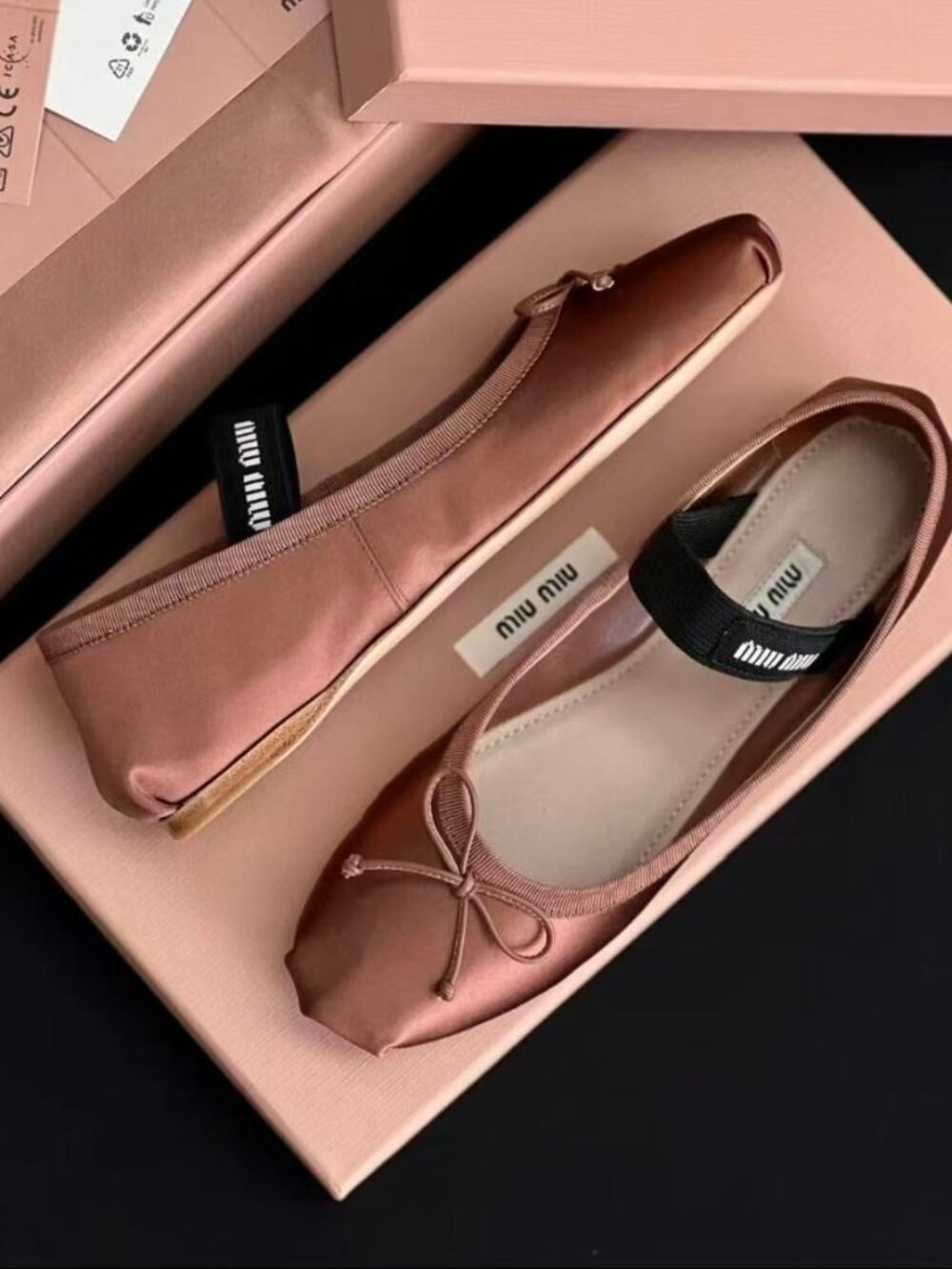 Miu Miu Mauve Satin Bow Logo Strap Mary Jane Ballet Flats - Picture 3 of 6